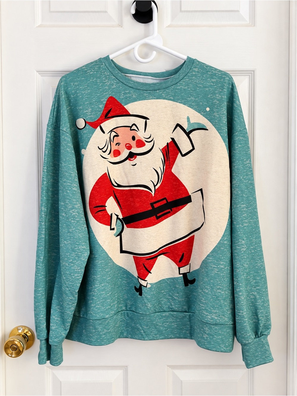 Retro Santa Christmas Sweatshirt Aqua Blue XXL